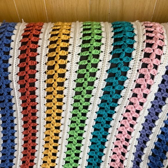 Handmade Crochet Rainbow Striped Throw Blanket 60" X 75” Multicolor Soft Acrylic - Picture 2 of 3